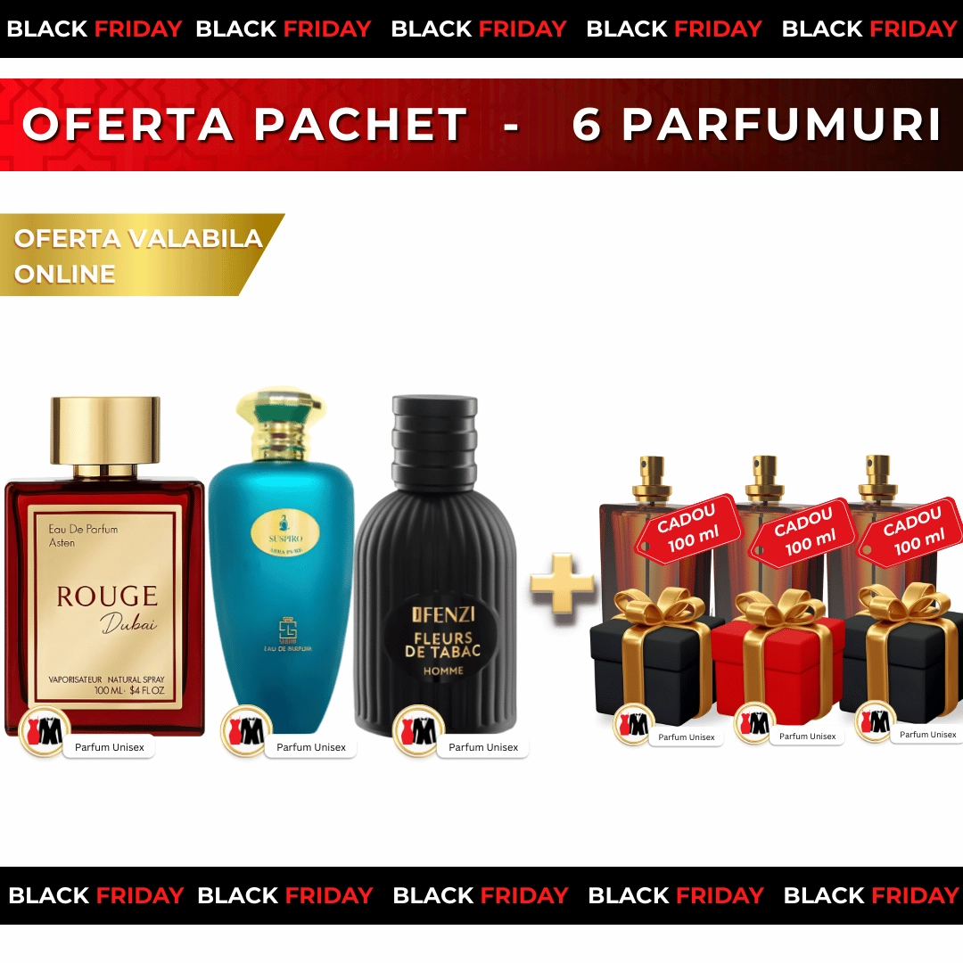 Rouge Dubai + Suspiro Abra Pure + Vanila Tobaco Fleurs + 3x Parfumuri Cadou