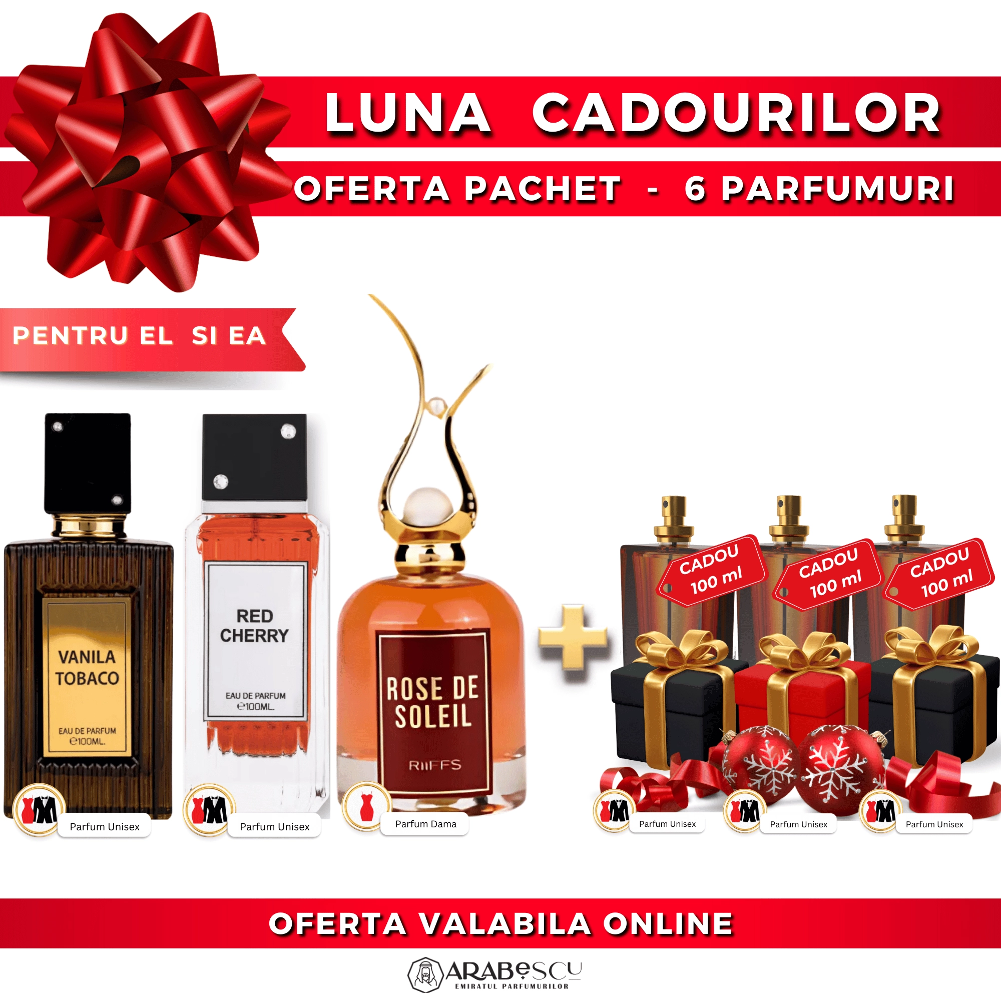 Tobaco Vanila + Red Cherry + Rose de Soleil + 3x Parfumuri Cadou