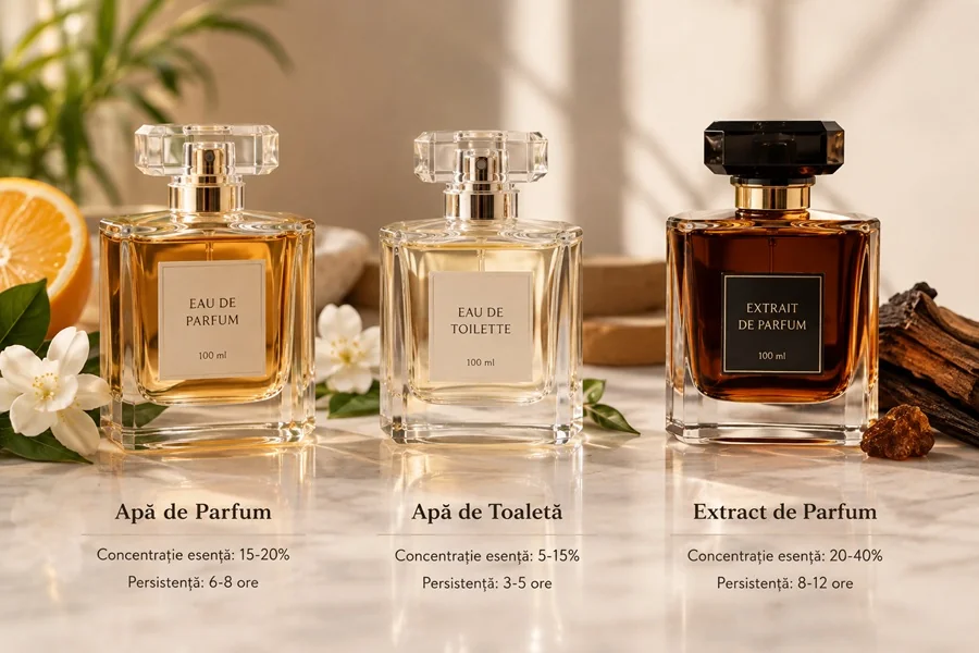 Apă de Parfum vs. Apă de Toaletă vs. Extract de Parfum: Ghidul concentrațiilor